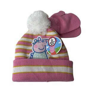 Girls Peppa Pig Winter Hat Gloves Set Pink White Stripe Pom Pom Beanie